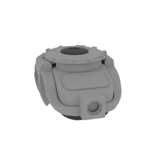 Modello 3D di un dispositivo tattico compatto grigio con ghiera circolare e porta esagonale, progettato per essere indossato