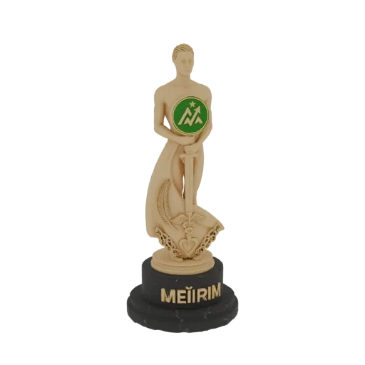 3D model of the Meiirim award statue, a classical figure holding a sword and a green emblem, on a marble base.