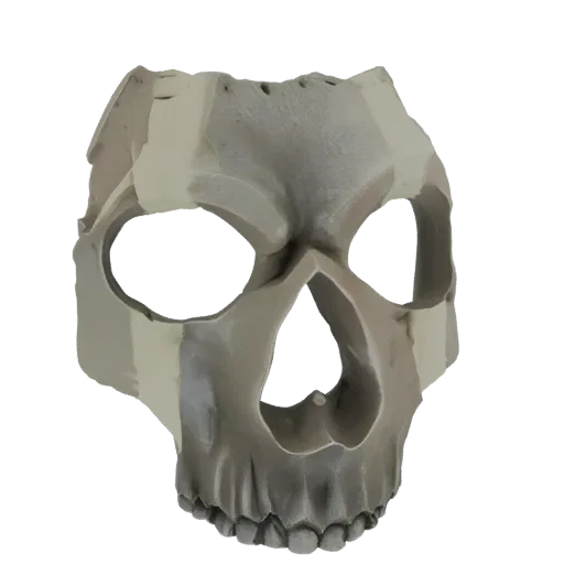 A 3D render of a skull mask with a camouflage pattern, showing detailed bone structure and textured surfaces.