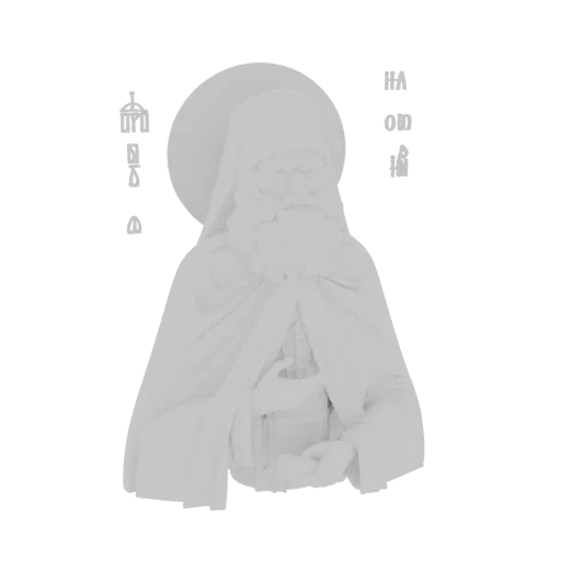 3D model of an Orthodox monk wearing traditional robes and a halo, holding a book.