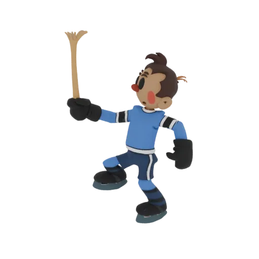 3D model of a claymation hockey player in a blue uniform, holding a hockey stick, with a black background.