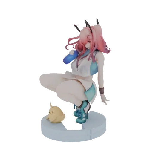 3D model of an anime girl with pink hair, wearing a white and blue outfit, in a dynamic crouched pose next to a small yellow creature.