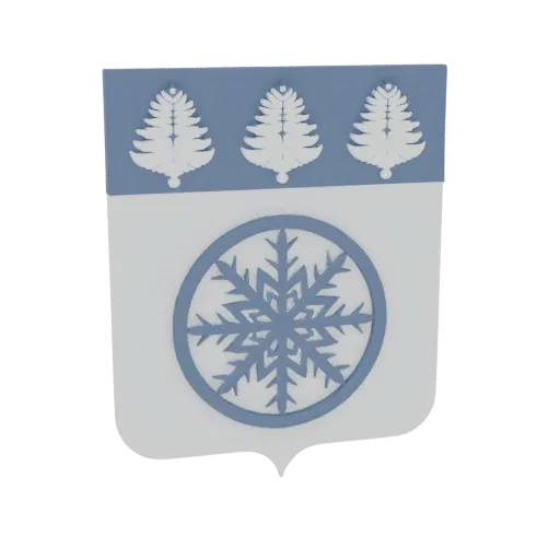 3D model of a blue snowflake emblem with decorative tree motifs above, set against a black background.