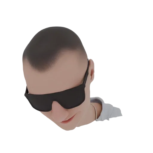 Modelo 3D de homem careca usando óculos escuros pretos, olhando para baixo, com camisa branca.
