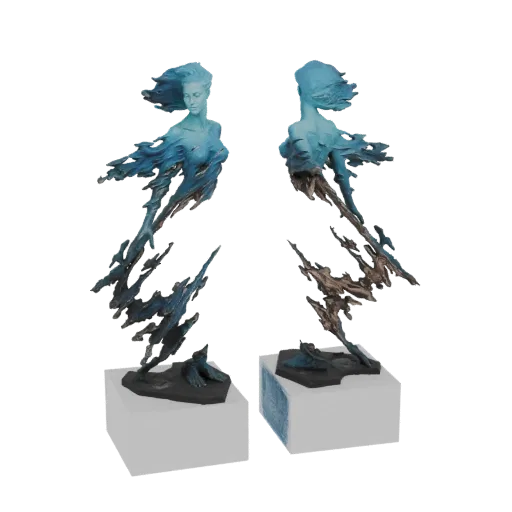 3D model of an ethereal water spirit sculpture with flowing blue form and icy details, presented on a dark base.