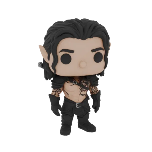 3D model of a fantasy elf warrior in a Pop Vinyl style, with black hair, elven ears, tribal tattoos, and dark armor.