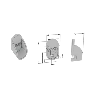 Modelo 3D de la cabeza de C-3PO mostrado desde múltiples ángulos, incluyendo una vista frontal detallada con dimensiones técn