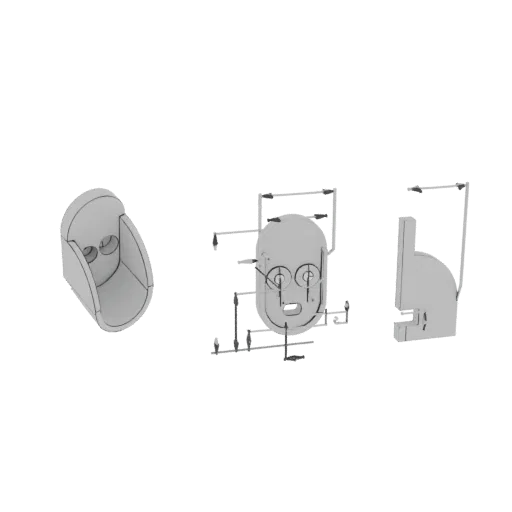 Modèle 3D de la tête de C-3PO montré sous plusieurs angles, y compris une vue frontale détaillée avec dimensions techniques e