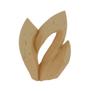 3D model of an abstract sculpture with swirling, intertwined forms, resembling a flame or a vortex, with a textured, sandston