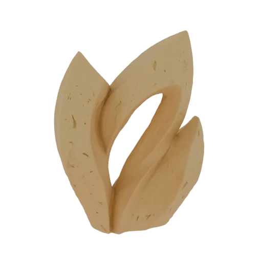 3D model of an abstract sculpture with swirling, intertwined forms, resembling a flame or a vortex, with a textured, sandston