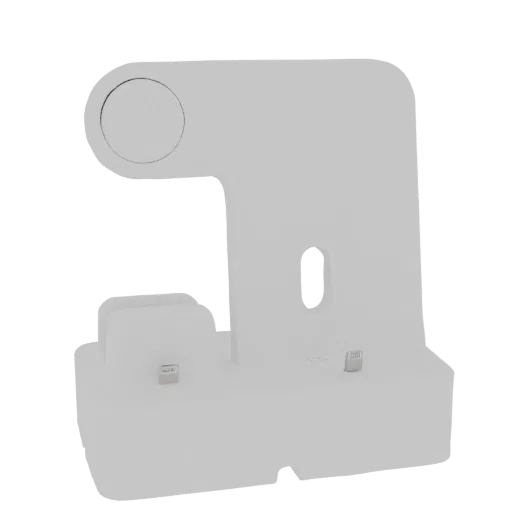 A 3D model of a minimalist white charging dock stand with clean lines and a matte finish.