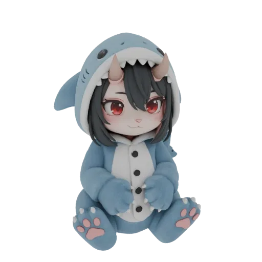 A 3D render of a cute chibi character wearing a blue shark pajama, sitting down with its hands on its lap.