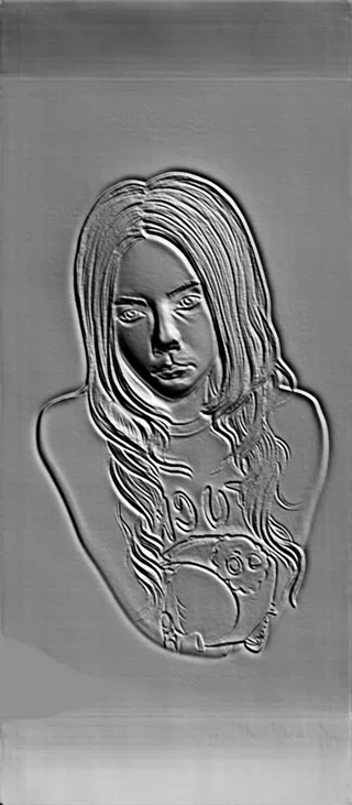 Modèle 3D bas-relief de jeune fille aux cheveux ondulés, regardant vers le bas