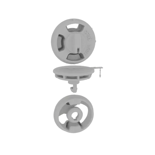 3D model of a gray plastic rotary lock mechanism, shown disassembled with 'open' and 'lock' indicators visible.
