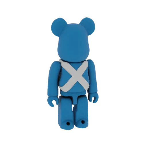 A 3D render of a blue Bearbrick toy with a white cross on its chest, presented on a white background.