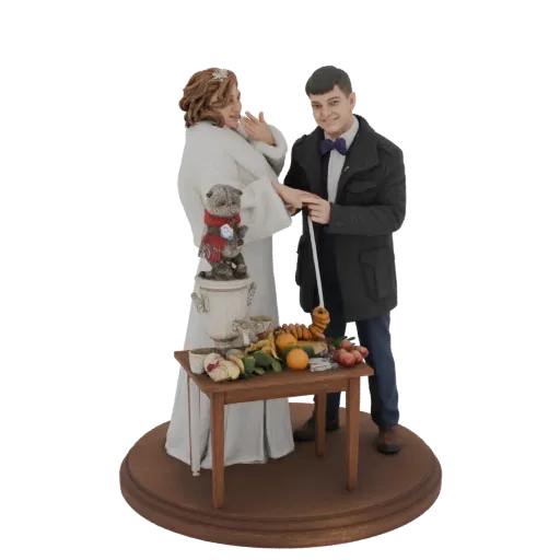 3D model of a wedding couple, a teddy bear on a samovar, and a table with fruits and pastries, on a wooden base.