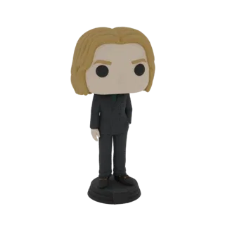 Modelo 3D de uma figura Funko Pop vestindo um terno risca de giz escuro e uma base circular preta.