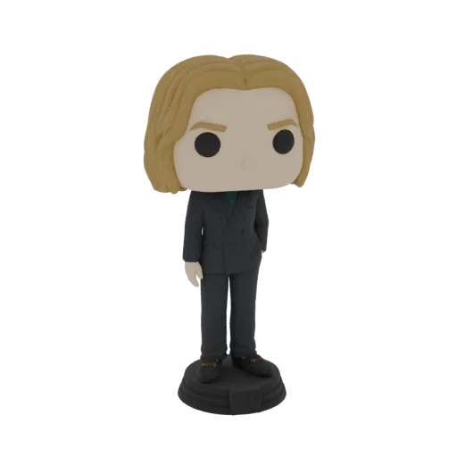 3D model of a Funko Pop figure wearing a dark pinstripe suit and standing on a black circular base.