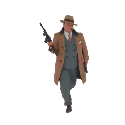 3D model of a 1920s gangster in a trench coat, holding a Tommy gun and a pistol, with a fedora on his head.