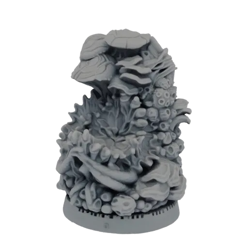 3D model of a grey, alien fungal growth with multiple mushroom caps and bulbous textures, mounted on a circular base.
