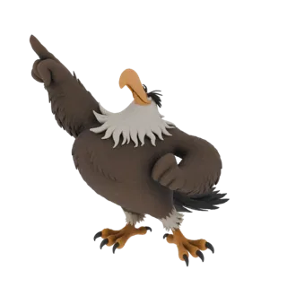 Modelo 3D de uma águia marrom cartoon com gola branca, apontando sua asa e dedo para cima, contra um fundo branco.