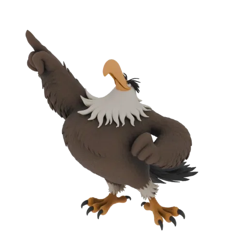 3D model of a cartoon brown eagle with a white ruff, pointing its wing and finger upwards, against a white background.