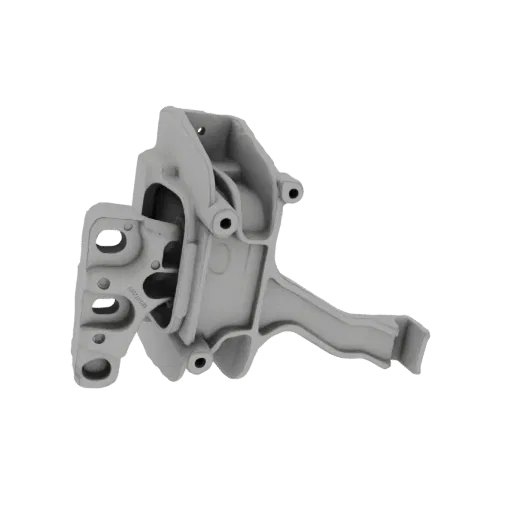 3D model render of a gray, industrial engine mount bracket with complex metal casting details and mounting holes.