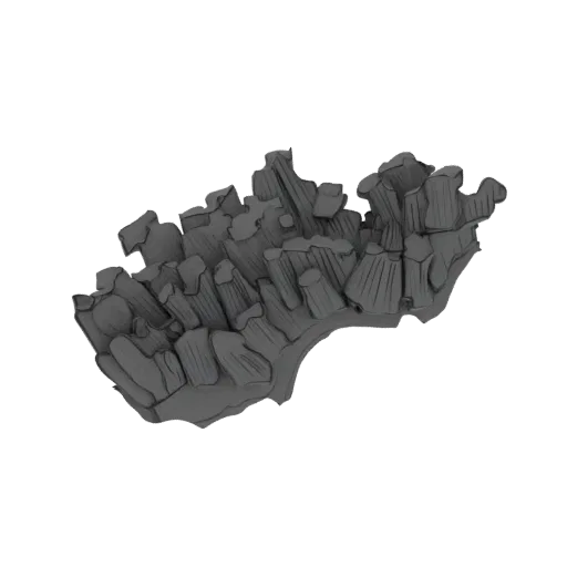 Render 3D di una crescita cristallina astratta e grigia con forme angolari affilate su sfondo bianco.