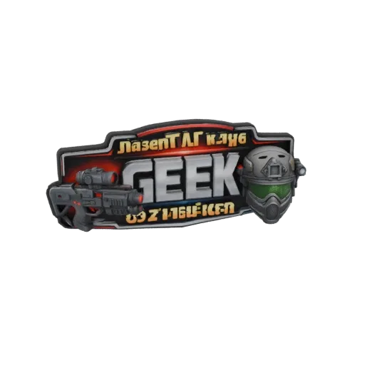 3D model of the GEEK Laser Tag Club emblem, featuring a futuristic rifle, helmet, and bold 'GEEK' lettering.