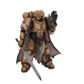3D model of an Imperial Commander in golden armor, holding a sword and a bolter, with a red cape.