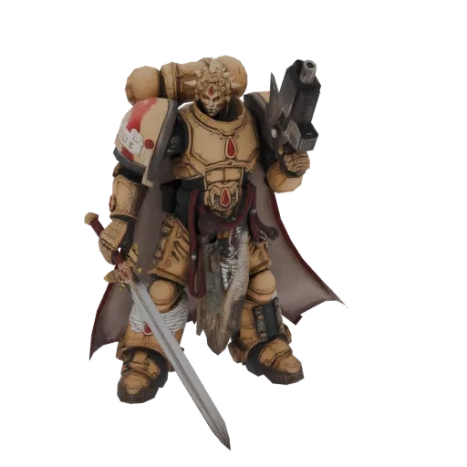 3D model of an Imperial Commander in golden armor, holding a sword and a bolter, with a red cape.