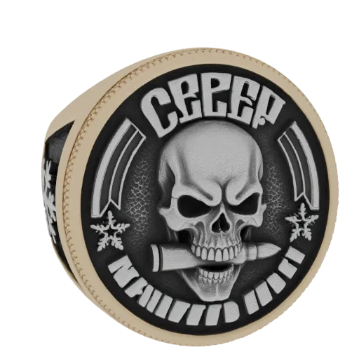 3D model of a ring with a skull biting a bullet, inscribed with 'CREEP' and 'NAVIDAD'.