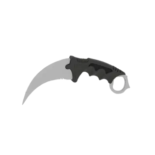 3D model of a curved karambit knife with a grey blade and black handle, featuring a finger ring.
