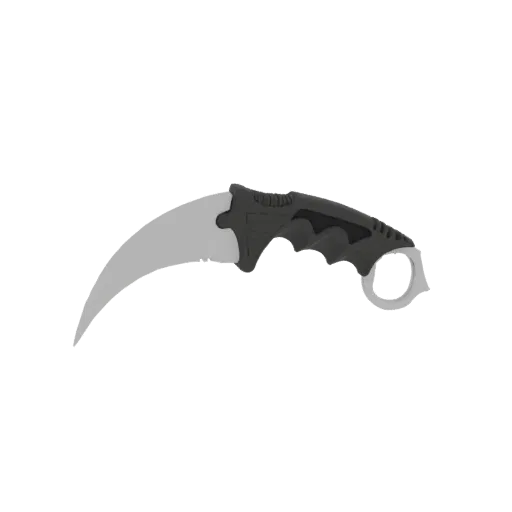 3D model of a curved karambit knife with a grey blade and black handle, featuring a finger ring.
