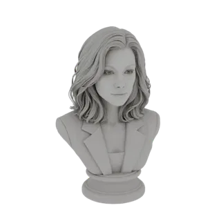 Render 3D do busto de uma mulher com cabelo ondulado e jaqueta sob medida, contra um fundo branco.