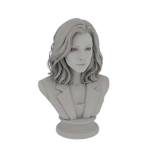 3D model render of a woman's bust with wavy hair and a tailored jacket, set against a white background.