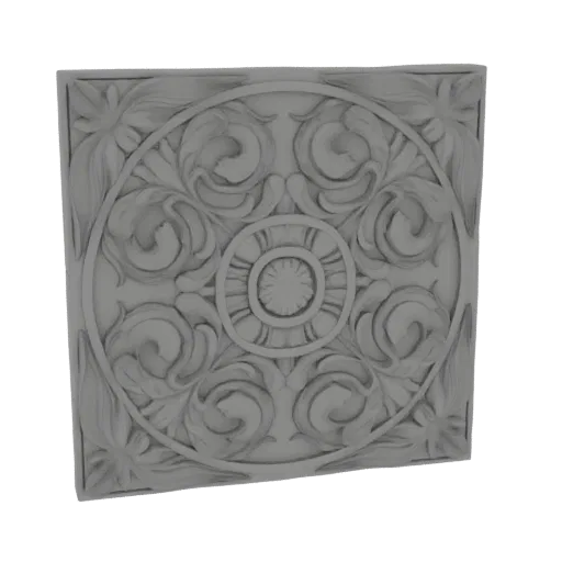 3D model of a square medallion with intricate floral patterns and swirling acanthus leaves, rendered in a neutral gray materi