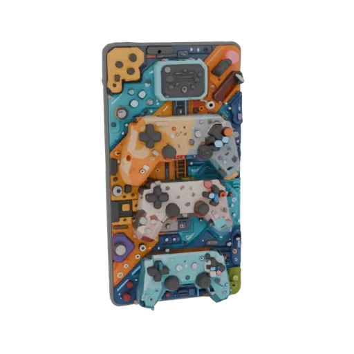 3D model of a clay-style phone case featuring three game controllers and numerous small details.