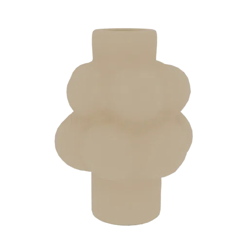 A 3D render of a beige abstract vase with a unique bubble-like design, standing on a cylindrical base.