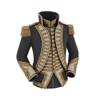 Modèle 3D d'un dolman militaire gris foncé avec garniture dorée ornée et épaulettes.