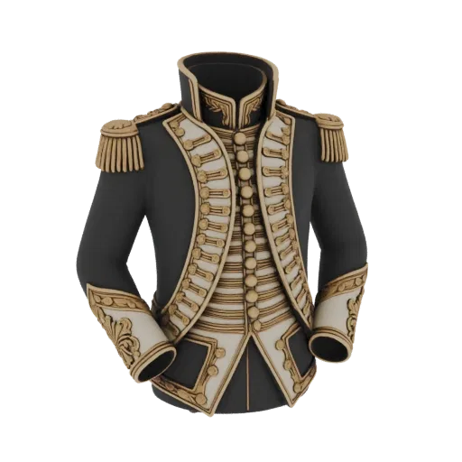 3D model of a dark grey military dress jacket with ornate gold trim and epaulets.