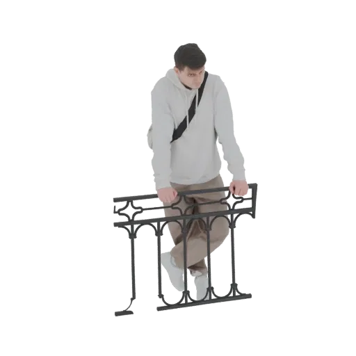 Modelo 3D de jovem de moletom e calça bege, apoiado em balaustrada preta de metal, com bolsa transversal.