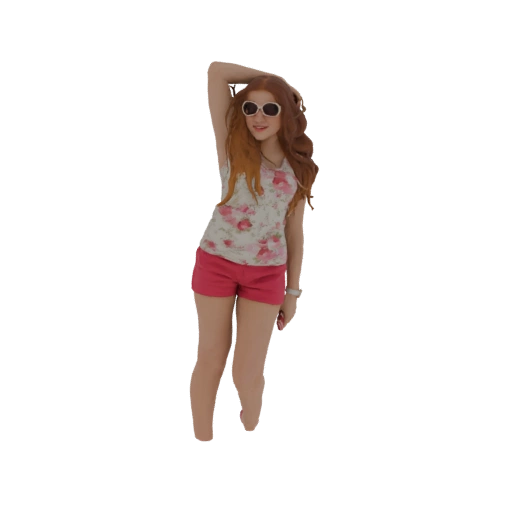 Young Woman in Floral Top and Pink Shorts