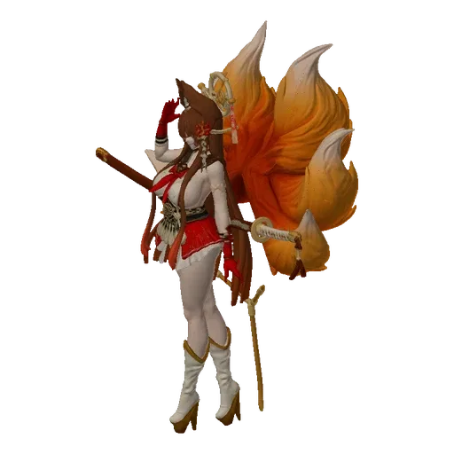 3D model of a Kitsune shrine maiden with nine orange fox tails, wearing a red and white outfit and holding a katana.