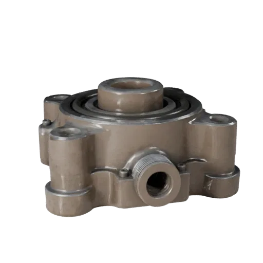 Guss-Metalllagerblock realistisches 3D-Modell, Dreiviertel-Studio-Rendering, zeigt bearbeitetes Metall, präzise Teilgeometrie