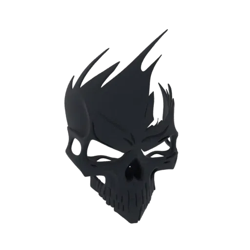 Un rendering 3D di un teschio oscuro e minaccioso con capelli affilati e spinosi, su sfondo nero.