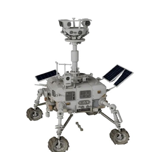 Prospector Lunar Lander Modular 3D model, isometric modular kit view, showing dusty wheels, vehicle stance.