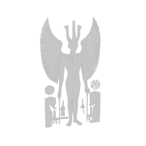 3D model of a white, monolithic Egyptian winged deity with a crown and outstretched wings, holding two scepters, with smaller