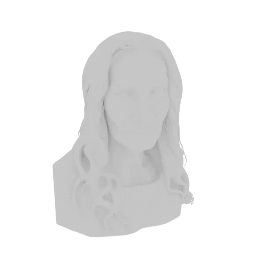 Un busto blanco de una mujer clásica renderizado en 3D con cabello suelto, visto desde un ligero ángulo.