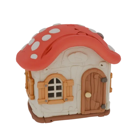 Modelo 3D de casa de conto de fadas cogumelo com chapéu vermelho, pintas brancas, janelas e porta de madeira.